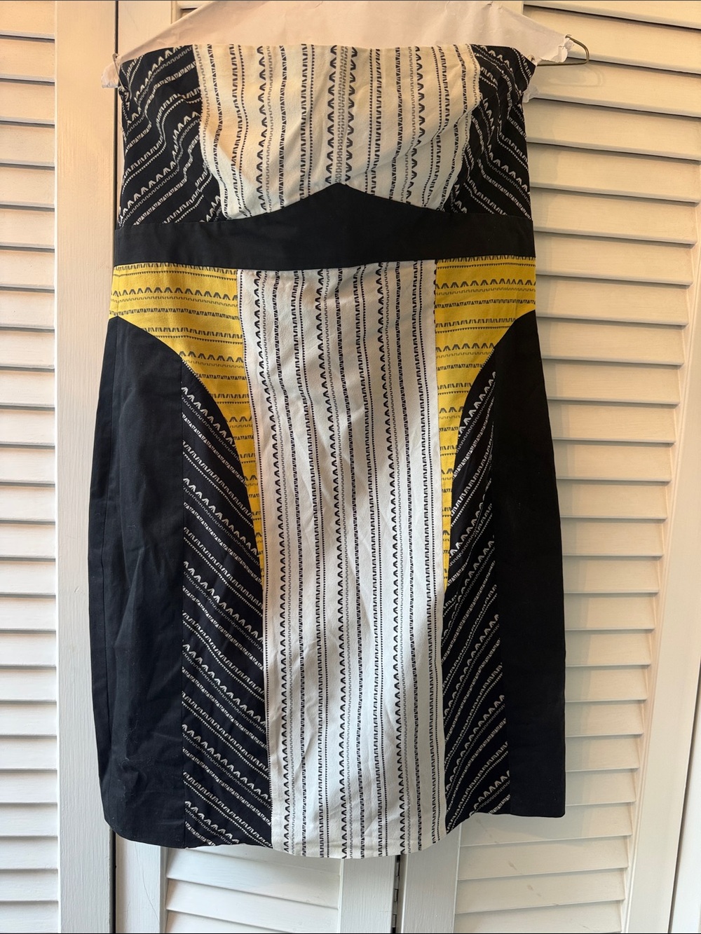 Helmut Lang Strapless Black White and Yellow Patterned 100% Silk Dress